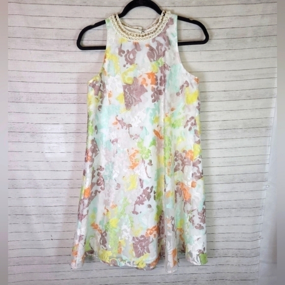 Belle Badgley Mischka Halter Floral Shift Dress w Pearl Chain Neckline, sz 4 - Picture 1 of 9
